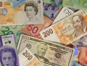 Lots of different moneys, dollar, euros, pounds