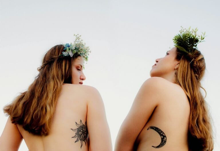 two womans, moon and sun tattoos, souls