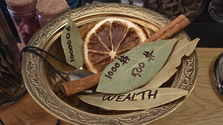 Money bowl options, bey leaf, cinnamon sticks, crystals, orange