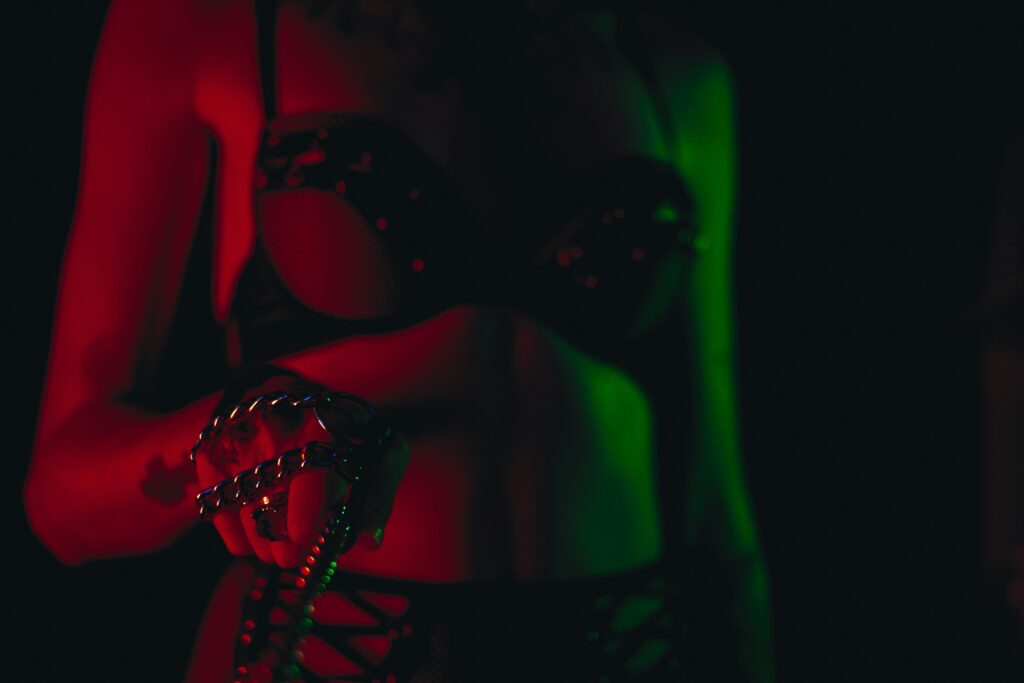 a woman wearing a garment and chain