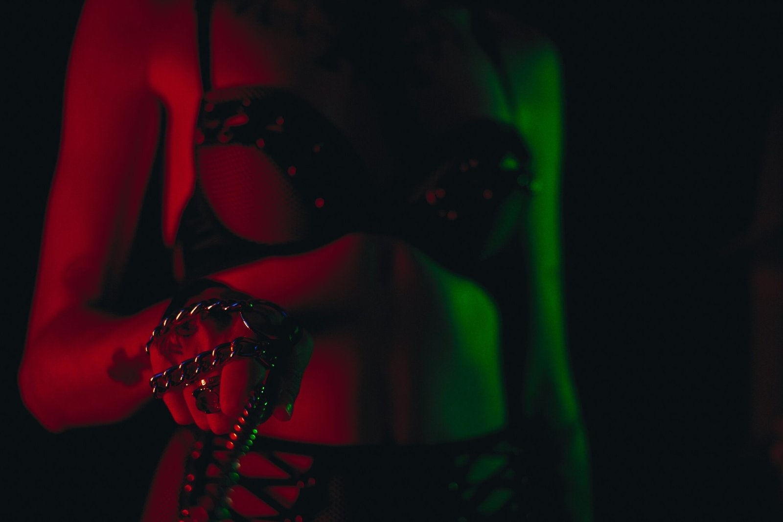 a woman wearing a garment and chain